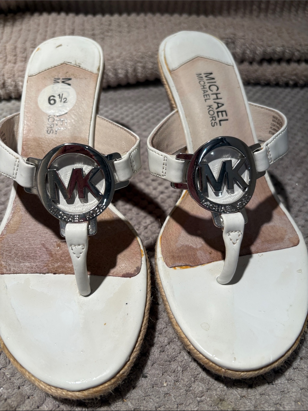 Michael Kors White Logo Thong Sandals With Silver Mk Emblem